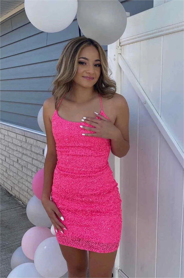 Hot Pink Sequins Short Homecoming Dresses AB092001