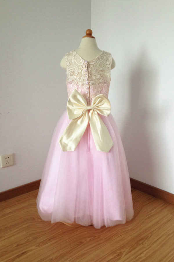 Cheap Lace Top Pink Tulle Long Flower Girl Dress with Bow, Cute Floor Length Flower Girl Dress