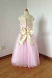 Cheap Lace Top Pink Tulle Long Flower Girl Dress with Bow, Cute Floor Length Flower Girl Dress