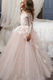 A-Line Scoop Neck Pink Floor Length Flower Girl Dress with Long Sleeve Butterfly F049
