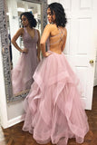 Sexy Deep V Neck Ruffled Long Prom Dress with Criss Cross Back, Long Party Dress N1490