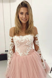 A Line Long Sleeves Pink Tulle Cocktail Dresses Lace Homecoming Dresses