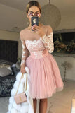 A Line Long Sleeves Pink Tulle Cocktail Dresses Lace Homecoming Dresses