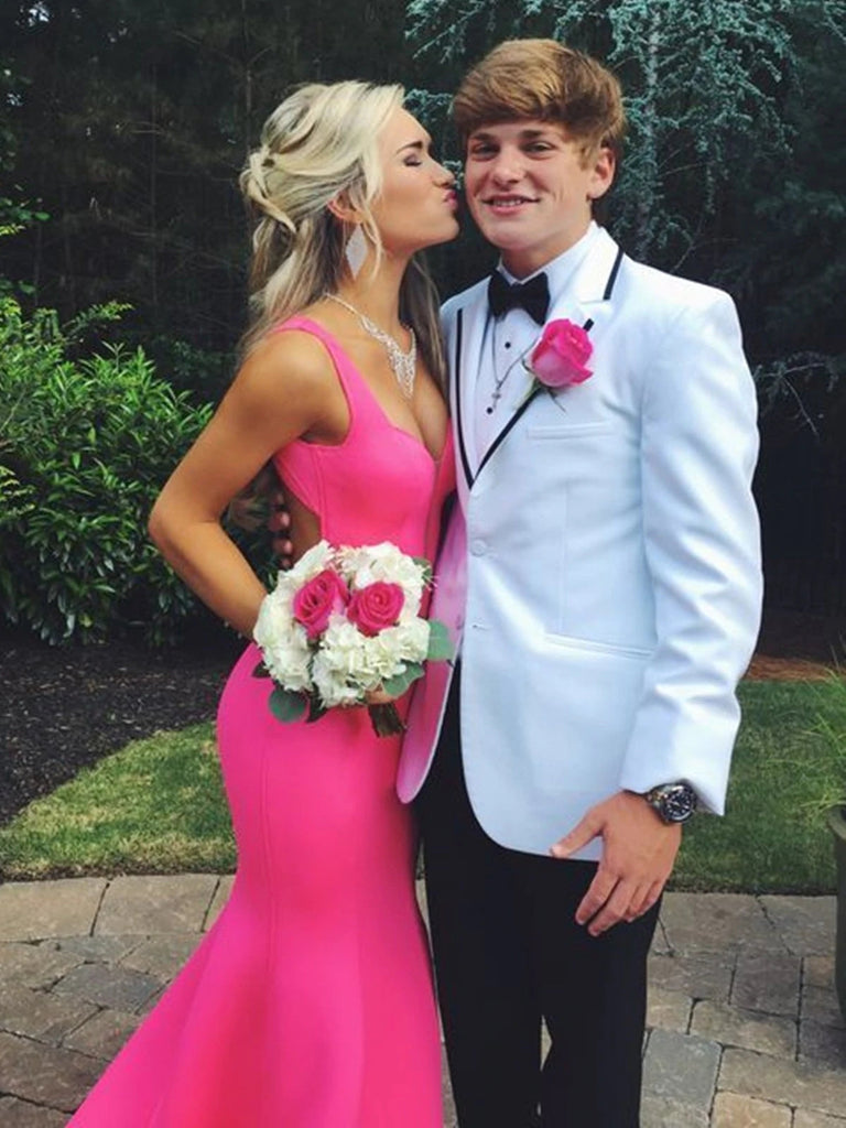 Hot Pink Open Back Formal Evening Dresses Mermaid Long Prom