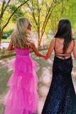 Fashion Hot Pink Layered Ruffles Evening Gown A-Line Tulle Long Prom Dress