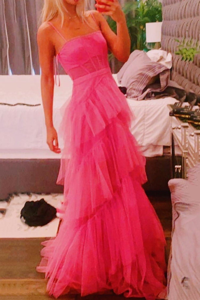 Fashion Hot Pink Layered Ruffles Evening Gown A-Line Tulle Long Prom Dress