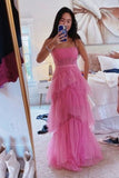 Fashion Hot Pink Layered Ruffles Evening Gown A-Line Tulle Long Prom Dress