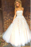 Princess A-line Strapless Tulle Long Prom Dress with Lace Appliques Wedding Dress N1656