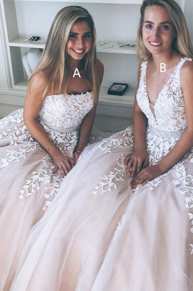 Light Champagne A-line Tulle Long Prom Dress with Appliques Wedding Dress Hot Sell Prom Gown N1235