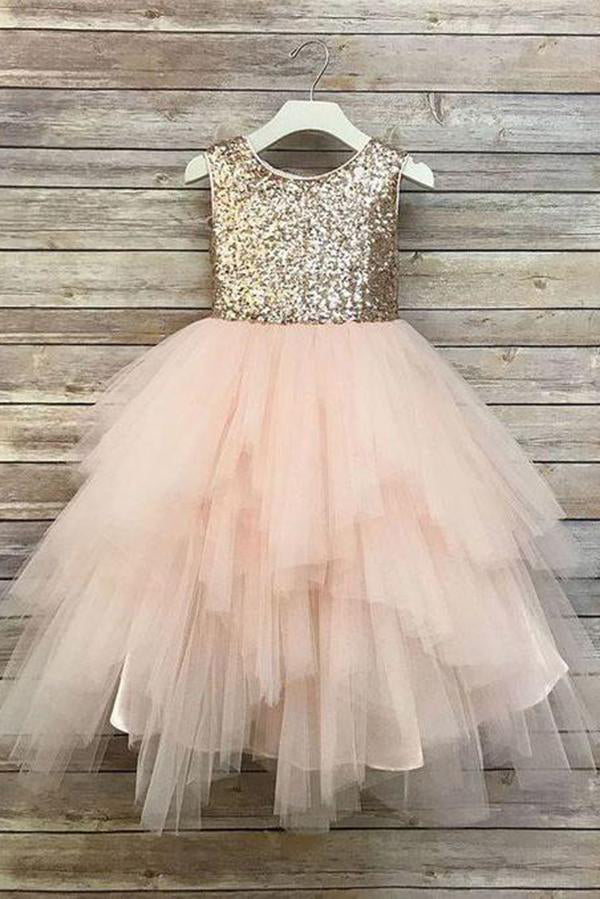 Princess A Line Sequin Round Neck Cute Tulle Baby Flower Girl Dress, Sparkly Dresses F055