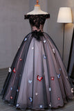 Princess Black Tulle Off Shoulder Long Prom Dresses with Butterfly Appliques N1319