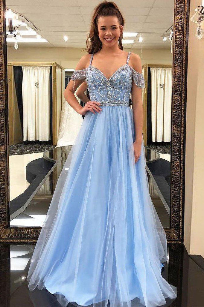 Floor Length Light Blue Straps Off Shoulder Tulle Prom Dresses with Be ...