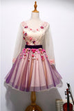 A Line Long Sleeves Tulle Short Homecoming Dresses with Appliques and Flowers