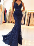 Navy Blue Sleeveless Lace Formal Dresses Mermaid Sheer Back Lace Prom Gown N2028