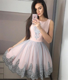 Cute A-Line Round Neck Pink Homecoming Dress with Appliques Short Prom Dress N1562