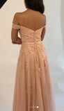 Off The Shoulder Formal Evening Dresses Tulle Long Prom Dresses with Applique and Beading