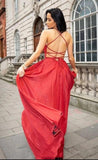 Sexy A Line Red V-Neck Criss Cross Back School Party Gown Long Prom Dresses