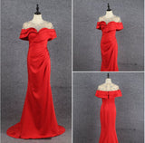 Modest Red Mermaid Short Sleeves Beading Satin Long Prom Dresses Y0375