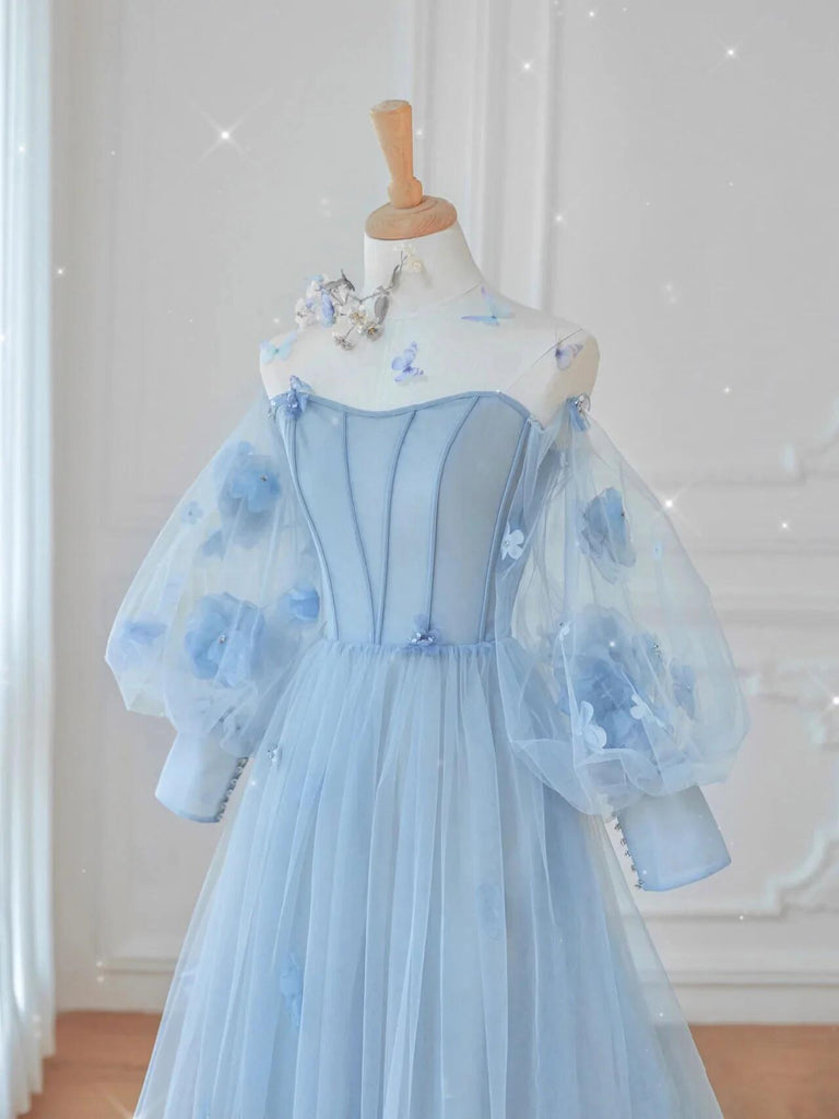 Cute Light Blue Long Sleeves Elegant Princess Dresses Prom Dresses Y0415