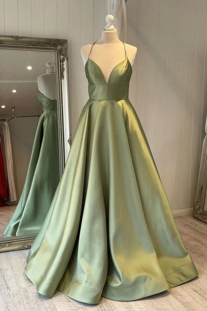 Simple A Line Satin Spaghetti Straps Green Long Prom Dresses