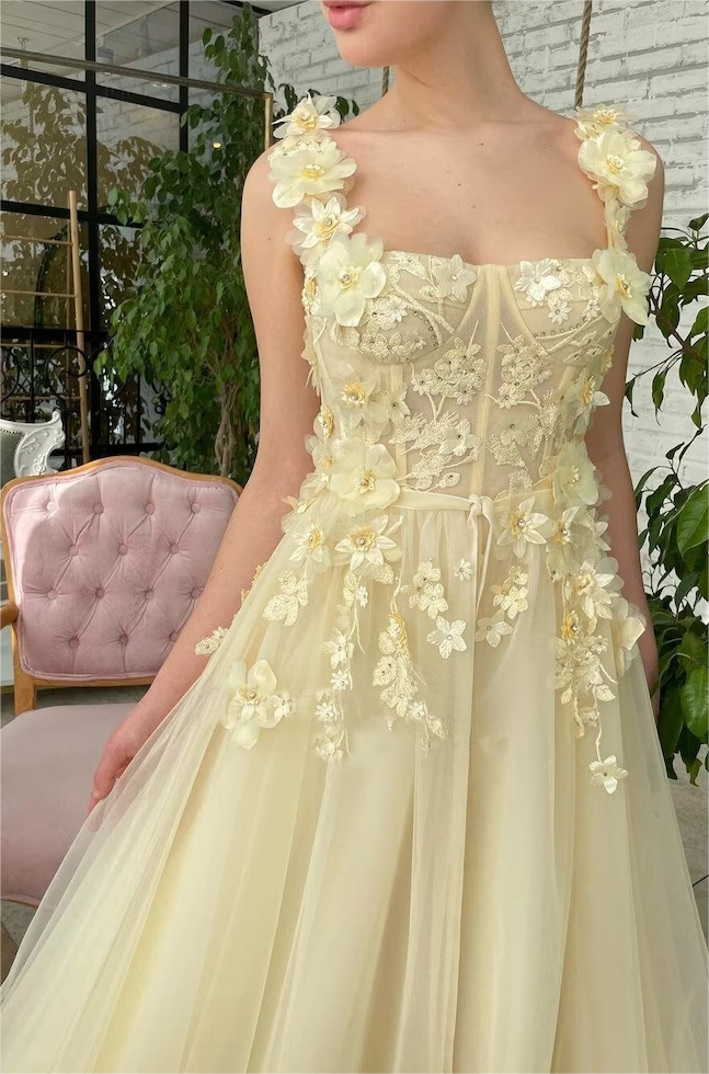 Unique Baby Yellow 3D Flowers Appliques Tulle Prom Dress PM203