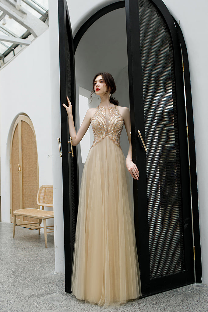 Elegant Sleeveless Tulle Prom Dress with Sequins, Floor Length Open Back Evening Dress N2663