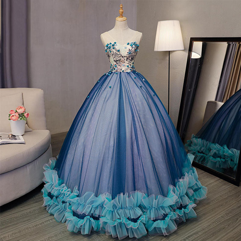 Blue Ball Gown V-Neck Sleeveless Appliqued Tulle Prom Dresses Hot Quinceanera Dresses N2538