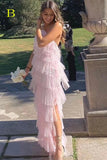Fashion Halter Ruffles Chiffon Long Party Dress Tulle Prom Dress with Slit