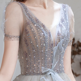 A Line V-Neck Short Sleeve Floor Length Prom Dresses Sequins Party Dresses WH361013