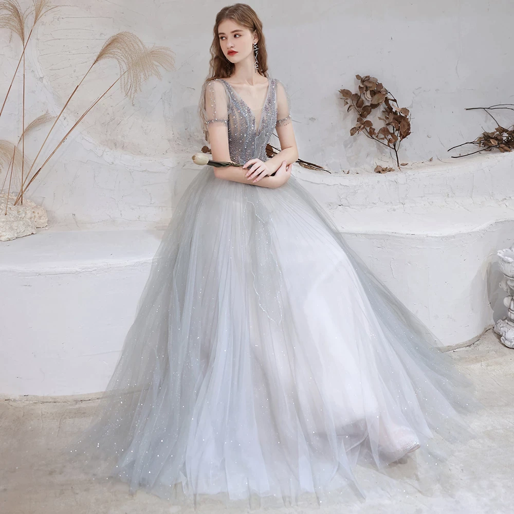 A Line V-Neck Short Sleeve Floor Length Prom Dresses Sequins Party Dresses WH361013