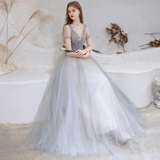 A Line V-Neck Short Sleeve Floor Length Prom Dresses Sequins Party Dresses WH361013