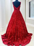 A line Red Square Neck Sequin Long Prom Dresses Formal Evening Dresses OK2003