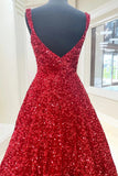 A line Red Square Neck Sequin Long Prom Dresses Formal Evening Dresses OK2003