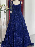 A line Red Square Neck Sequin Long Prom Dresses Formal Evening Dresses OK2003