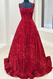 A line Red Square Neck Sequin Long Prom Dresses Formal Evening Dresses OK2003