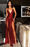 A Line V-Neck Red Sequins Long Prom Dress With Slits PD038