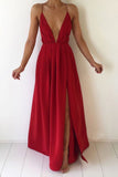 Red Deep V-neck Chiffon Backless Prom Dress with Slit,Sexy Evening Dresses,Maxi Dress,N699