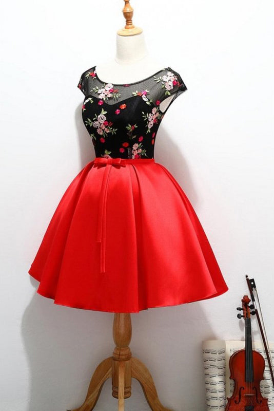 Black and Red Satin Homecoming Party Dresses with Applique, A Line Short Prom Dress