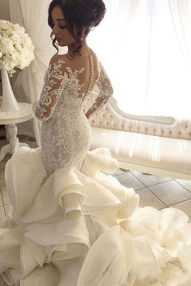 Gorgeous Long Sleeve Ivory Appliques Ruffles Wedding Gowns, Mermaid Bridal Dress