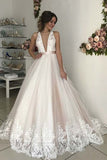 Romantic Wedding Dress, Long V-Neck Tulle Open Back Prom Gown with Lace N1256