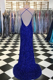 Royal Blue Spaghetti Straps Backless Long Sheath Prom Dress Y0329
