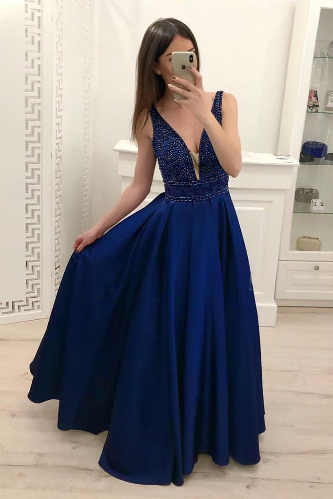 A Line Sparkly Beading Sleeveless Royal Blue Satin Prom Dresses