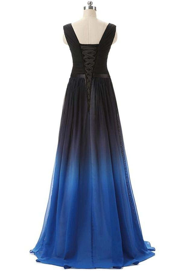 A Line Black and Royal Blue Gradient Ombre Chiffon Long Prom Dresses