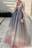 A Line Beaded Ombre Elegant V-Neck Tulle Sleeveless Long Prom Dresses