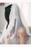 Alencon Lace Trim Long Ivory Wedding Veil Charming Tulle Cathedral Veil for Wedding V029