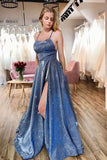 Sparkly Blue A Line Spaghetti Straps Graduation Dresses With Split Long Prom Dresses
