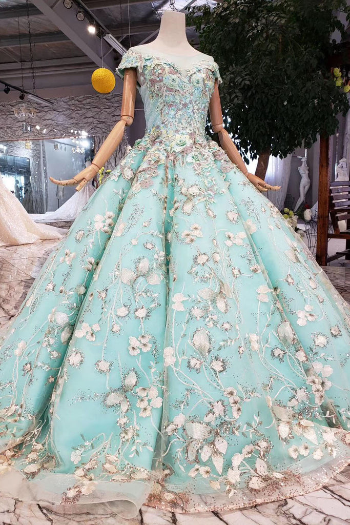 Big Sheer Neck Puffy Prom Dress with Cap Sleeves, Fairy Tale Lace Dress ...
