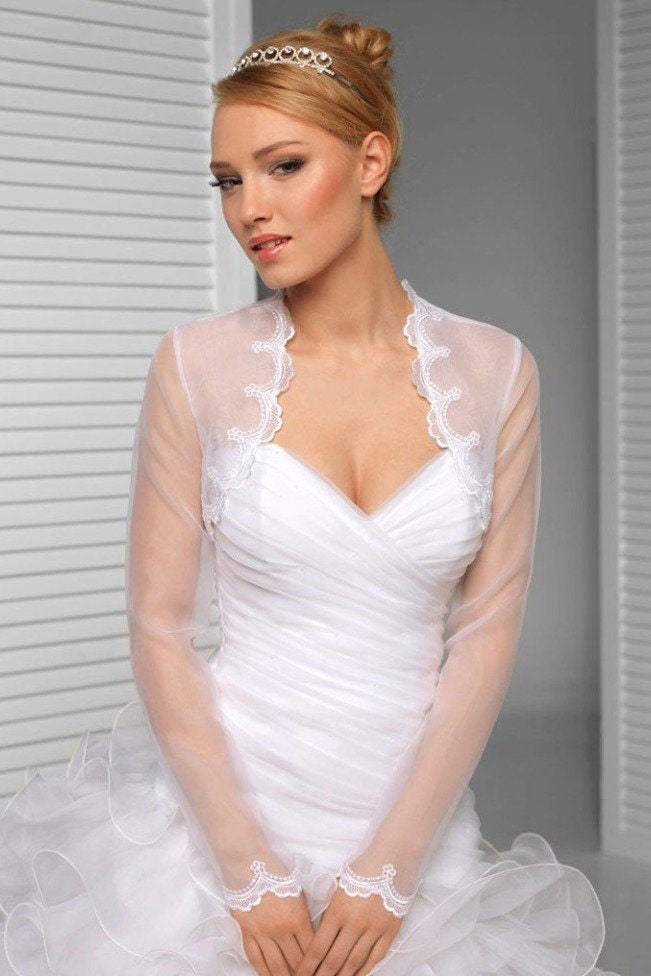White Scalloped Floral Lace Top Long Sheer Sleeve Weeding Shawl