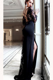 Sexy Black Long Sleeve Lace Top Side Split Prom Dresses N1378