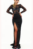 Sexy Black Long Sleeve Lace Top Side Split Prom Dresses N1378